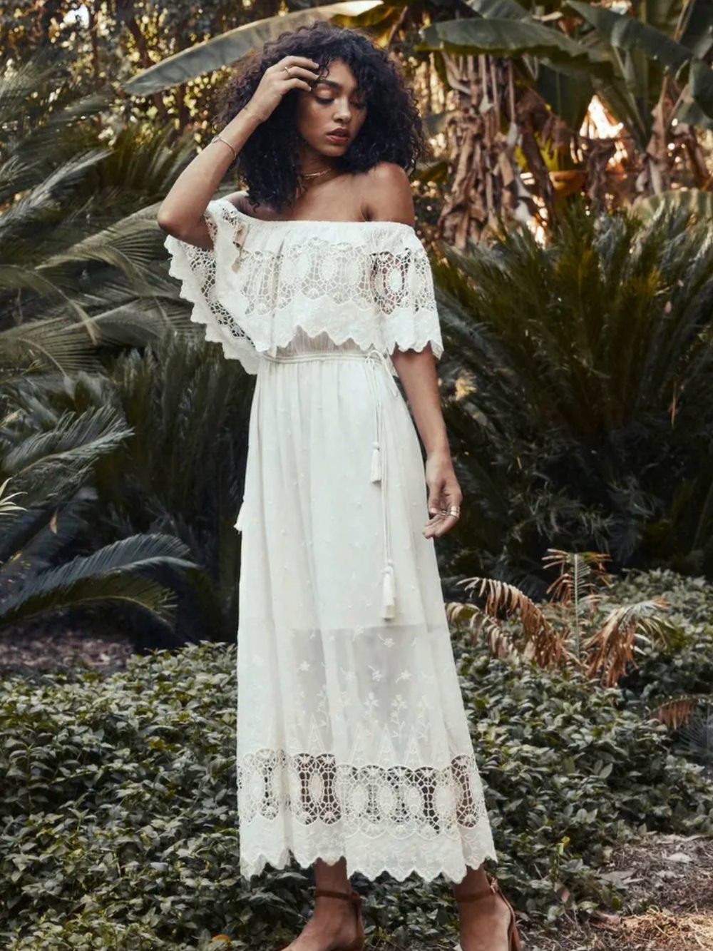 Astr Cream Off-Shoulder Lace Maxi Dress